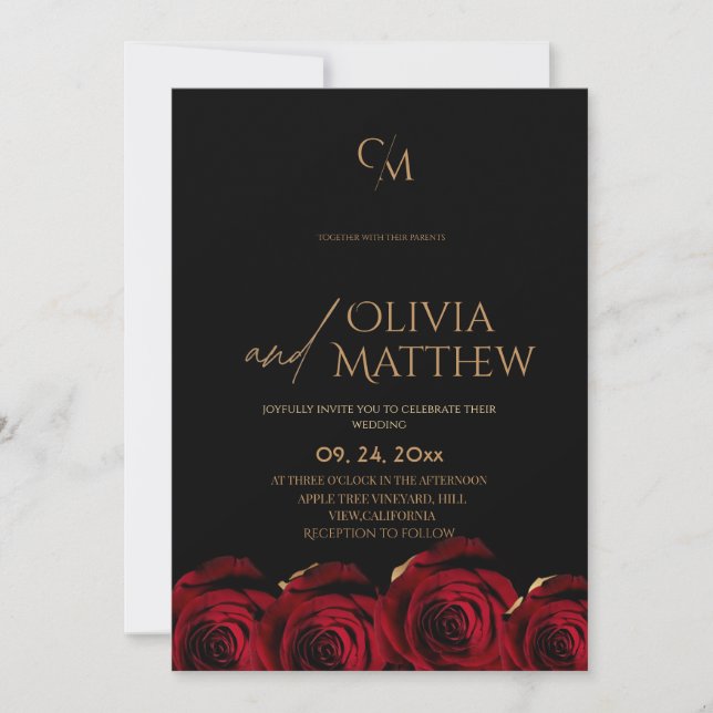 Convite Modern Black Red Gold Rose Wedding (Frente)