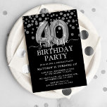 Convite Modern Black & Silver 40ª Festa de aniversário Sur<br><div class="desc">Convite de aniversário moderno de preto e prata para alguém que faz 40 anos! Apresentando um fundo preto,  faux prata glitter confetti,  balões prateados aniversário de 40 anos e um elegante modelo de aniversário que é fácil de personalizar.</div>