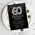 Convite Modern Black & Silver 60ª Festa de aniversário Sur<br><div class="desc">Preto moderno e surpresa prateada sessenta convites de aniversário! Apresentando um fundo preto,  script de caligrafia branca e fonte serif,  faux prata glitter confetti,  balões de hélio prateado moderno e um elegante modelo de aniversário que é fácil de personalizar.</div>