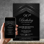 Convite Modern Black Silver 90th Birthday Party<br><div class="desc">Elevem a celebração do marco do seu convidado de honra com este convite de aniversário preto e prateado. Estipulosamente moderno e elegante, dá o tom perfeito para uma noite inesquecível. Personalizar os convites é uma brisa, basta preencher os detalhes essenciais usando os modelos de texto fornecidos. Você pode escolher entre...</div>