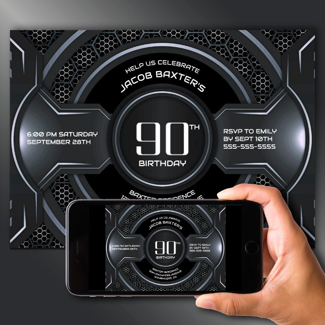 Convite Modern Black Silver 90th Birthday Party (Criador carregado)