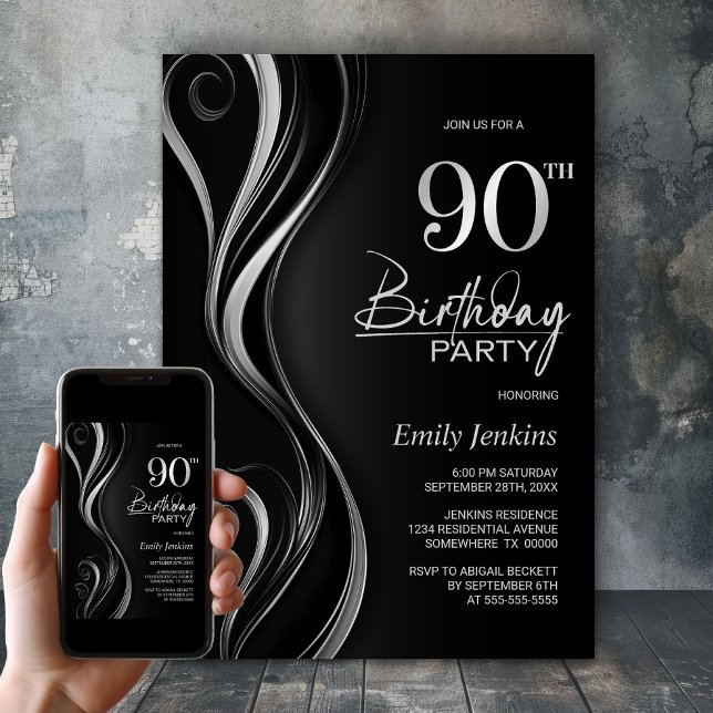 Convite Modern Black Silver 90th Birthday Party (Criador carregado)