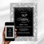 Convite Modern Black Silver 90th Birthday Party<br><div class="desc">Convide seus amigos e entes queridos com este convite de aniversário 90 preto enquadrado pela na moda. A área de texto personalizável neste modelo de convite permite que você inclua facilmente todos os detalhes necessários para sua celebração especial de aniversário, incluindo as informações de data, hora, local e RSVP. Uma...</div>