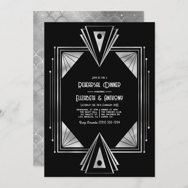 Convite Modern Black & Silver Art Deco Rehearsal Dinner (Frente/Verso)