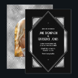 Convite Modern Black & Silver Gatsby Art Deco Wedding<br><div class="desc">Celebrate timeless elegance with this Art Deco Silver Wedding Invitation. Featuring a striking geometric design in rich black and metallic silver, this invitation evokes the luxury and sophistication of the roaring 1920s. Perfect for glamorous weddings, black-tie celebrations, or Great Gatsby–themed events. The reverse side includes a customizable photo placeholder in...</div>