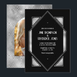 Convite Modern Black & Silver Gatsby Art Deco Wedding<br><div class="desc">Celebrate timeless elegance with this Art Deco Silver Wedding Invitation. Featuring a striking geometric design in rich black and metallic silver, this invitation evokes the luxury and sophistication of the roaring 1920s. Perfect for glamorous weddings, black-tie celebrations, or Great Gatsby–themed events. The reverse side includes a customizable photo placeholder in...</div>