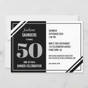 Convite Modern Black White 50th Birthday Jantar Party