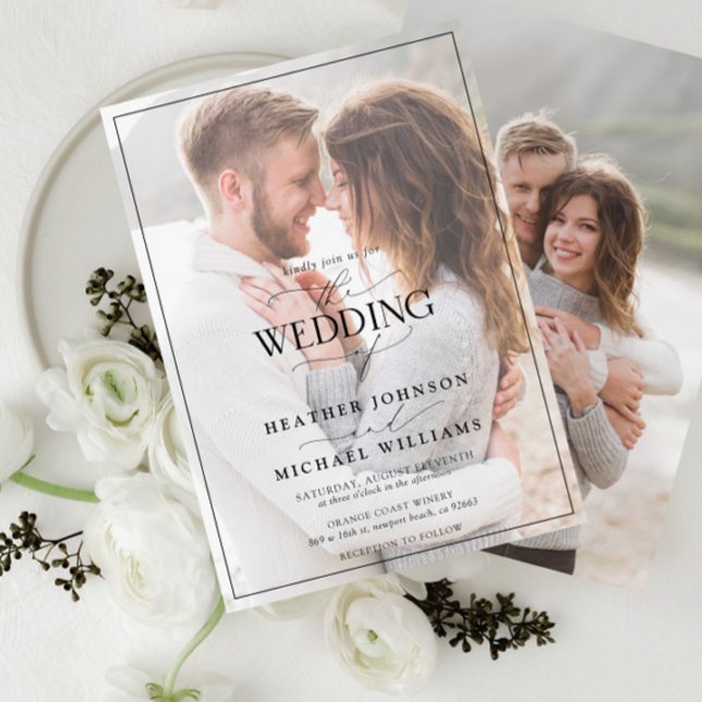 Convite Modern Black White Calligraphy Faux Vellum 2 Photo (Criador carregado)