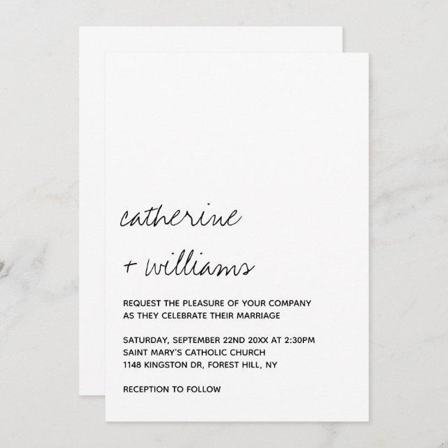 Convite Modern Black & White Minimalist Script Wedding (Frente/Verso)