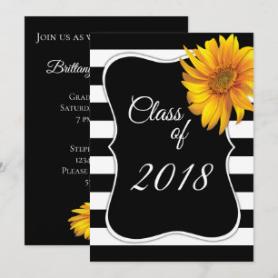 Convite Modern BlackWhite Stripe Sunflower 2018 Graduaçã