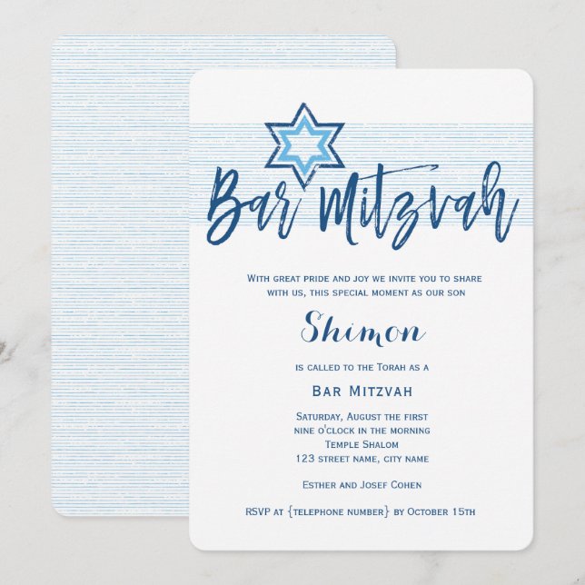 Convite Modern Blue Bar Mitzvah Invitation (Frente/Verso)
