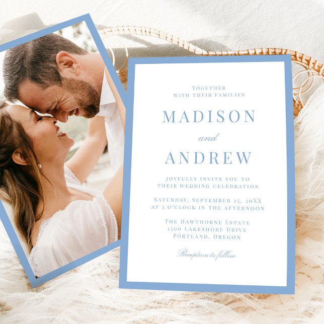 Convite Modern Blue Border Photo Wedding (Criador carregado)