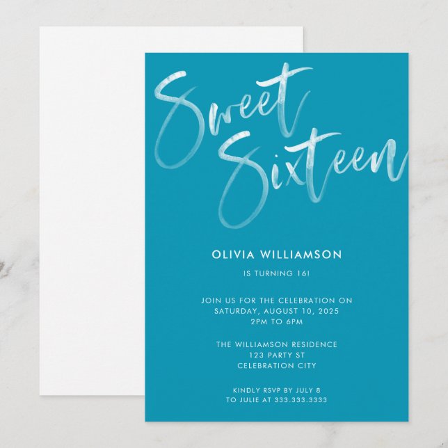 Convite Modern Blue Brush Script Sweet 16 Aniversário (Frente/Verso)