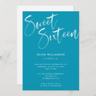Convite Modern Blue Brush Script Sweet 16 Aniversário