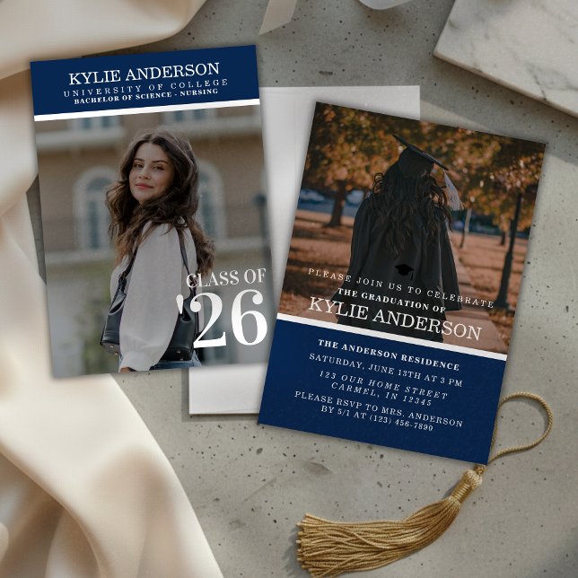 Convite Modern Blue College Graduation Senior Photo (Modern Blue College Graduation Senior Photo Invitation)
