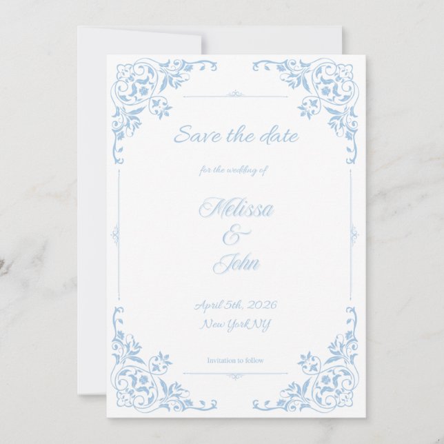 Convite Modern Blue Filigree French Country Save the Date (Frente)