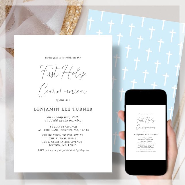 Convite Modern Blue | First Holy Communion Invitation (Criador carregado)