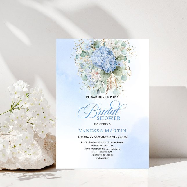 Convite Modern Blue Floral Bridal Shower Gold Invitation (Modern Blue Floral Bridal Shower Gold Invitation)