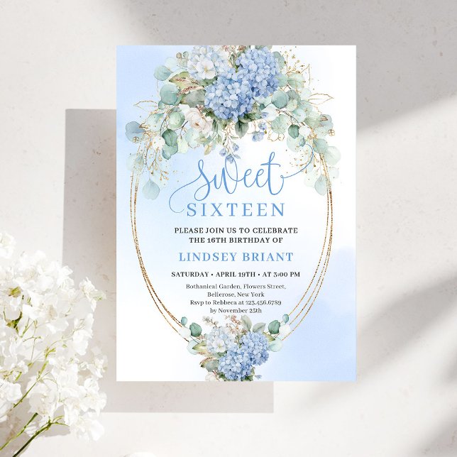 Convite Modern Blue Floral Eucalyptus Gold Sweet 16 Invite (Modern Blue Floral Eucalyptus Gold Sweet 16 Invite)
