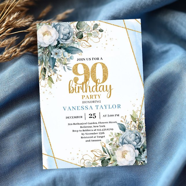 Convite Modern Blue Floral Gold Frame 90th Birthday Invite (Modern Blue Floral Gold Frame 90th Birthday Invite)