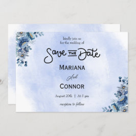 Convite Modern Blue Floral Wedding Save the Date