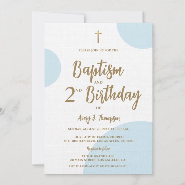 Convite Modern Blue & Gold Baptism and Second Birthday  (Frente)