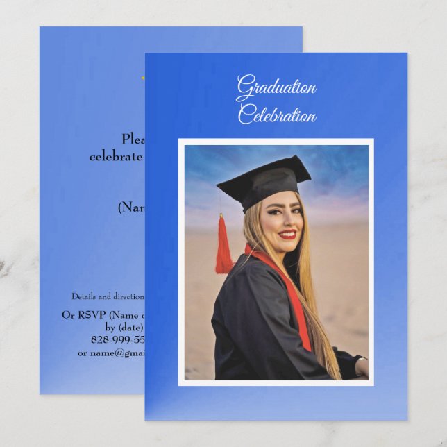 Convite Modern Blue Gradient Grad Party Invitation - photo (Frente/Verso)