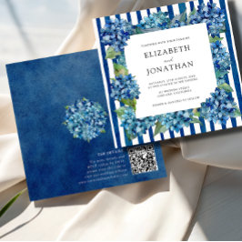 Convite Modern Blue Hydrangeas Stripe RSVP QR Code Wedding