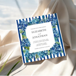 Convite Modern Blue Hydrangeas Watercolor Stripe Wedding