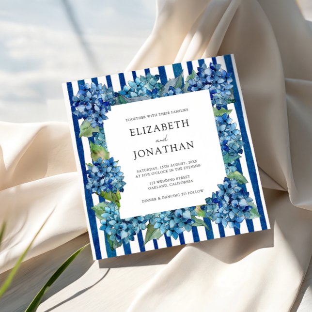 Convite Modern Blue Hydrangeas Watercolor Stripe Wedding (Criador carregado)