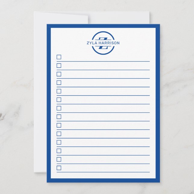 Convite Modern Blue Monogram Name To Do List (Frente)