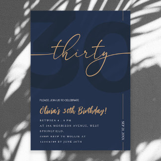 Convite Modern Blue Navy & Gold 30th Birthday Invitation