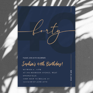 Convite Modern Blue Navy & Gold 40th Birthday Invitation