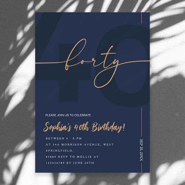 Convite Modern Blue Navy & Gold 40th Birthday Invitation (Criador carregado)