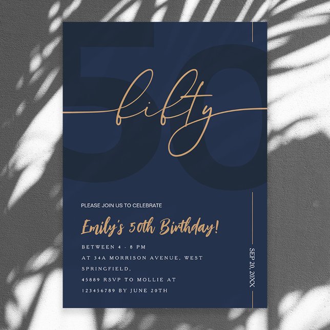 Convite Modern Blue Navy & Gold 50th Birthday Invitation (Criador carregado)