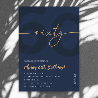 Convite Modern Blue Navy & Gold 60th Birthday Invitation