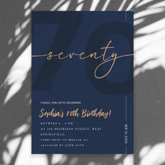 Convite Modern Blue Navy & Gold 70th Birthday Invitation