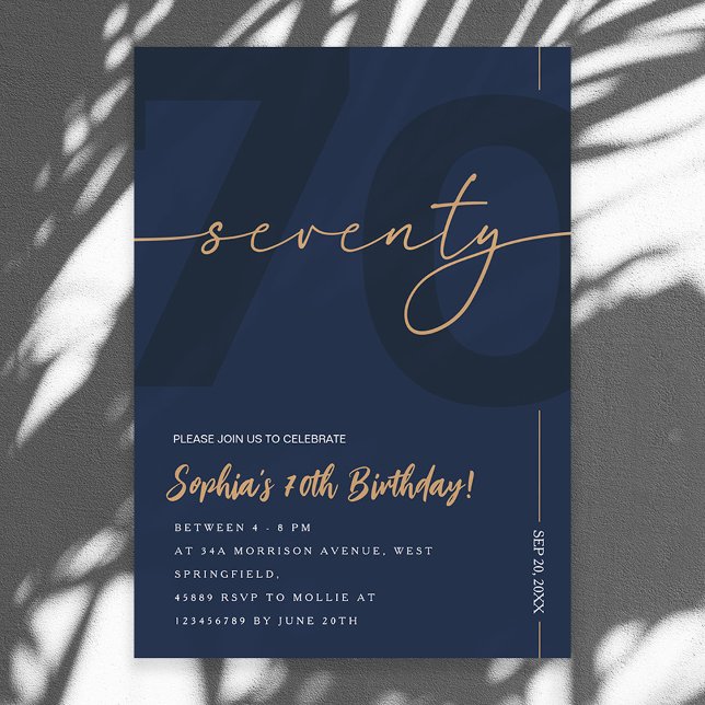 Convite Modern Blue Navy & Gold 70th Birthday Invitation (Criador carregado)