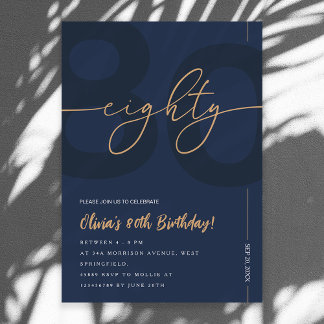 Convite Modern Blue Navy & Gold 80th Birthday Invitation