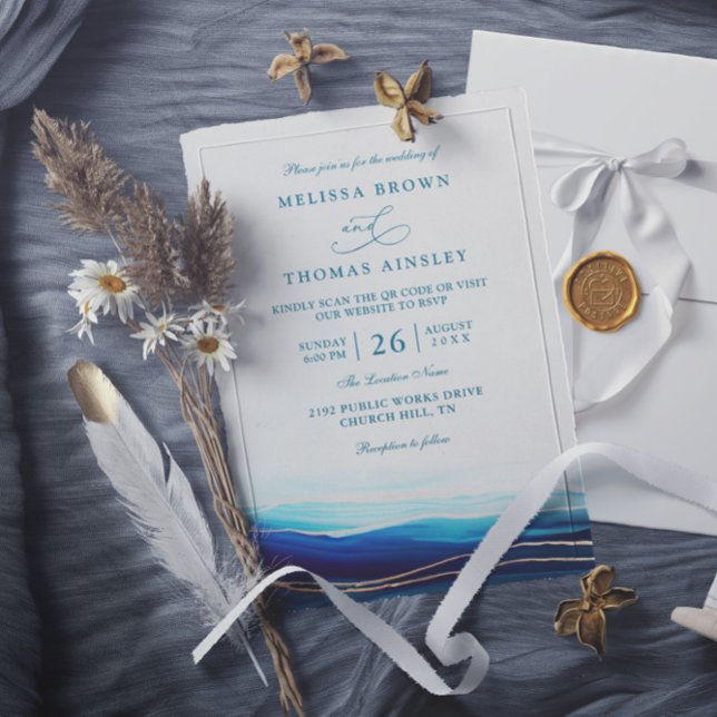 Convite Modern Blue Navy Gold Ocean QR Code Wedding (Criador carregado)