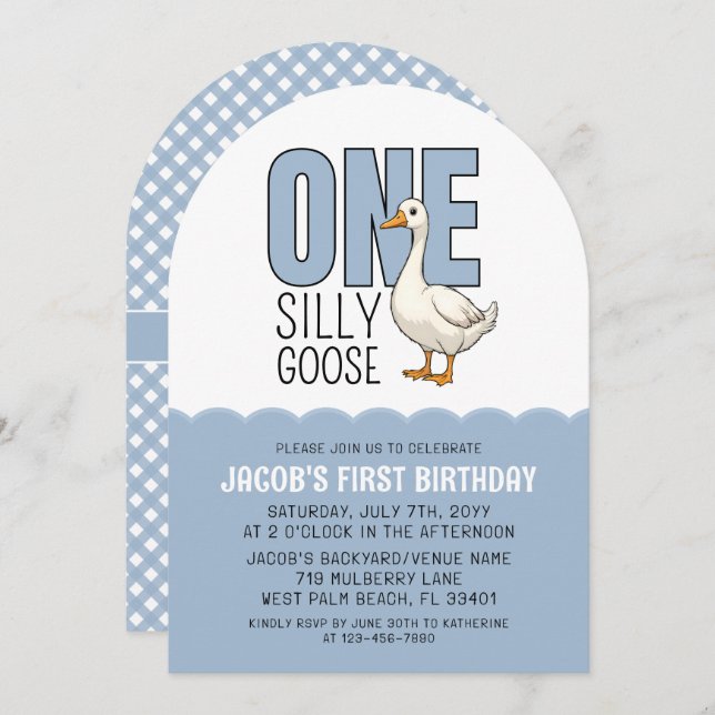 Convite Modern Blue One Silly Goose 1st Birthday Party (Frente/Verso)
