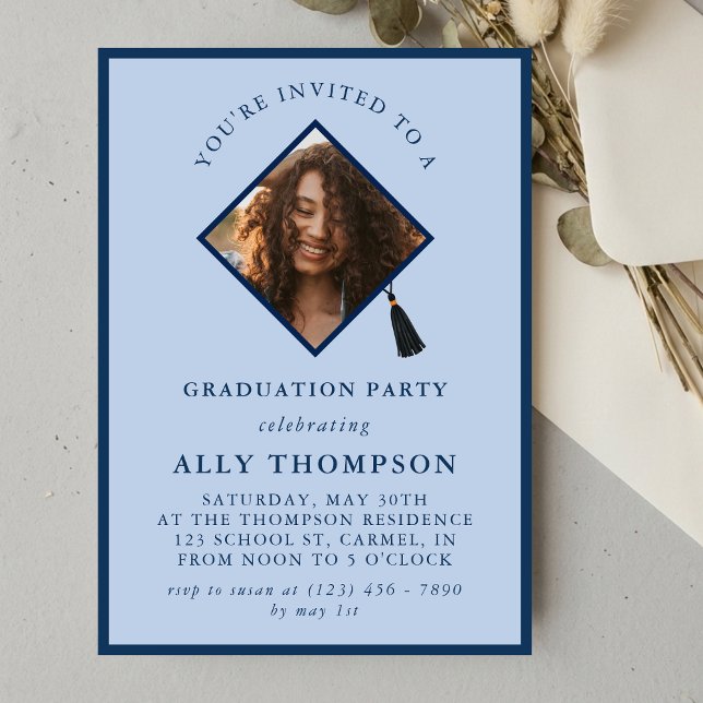 Convite Modern Blue Photo Frame Graduation Party (Modern Blue Photo Frame Graduation Party Invitation)