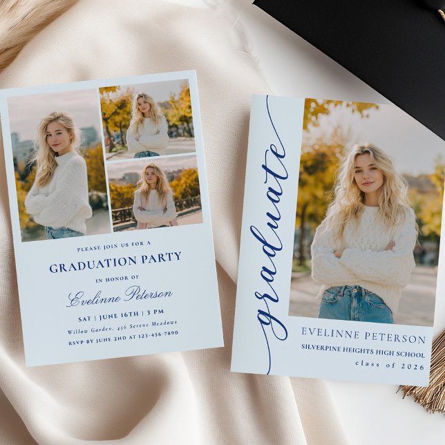 Convite Modern Blue Script Photo Graduation Invitation (Criador carregado)