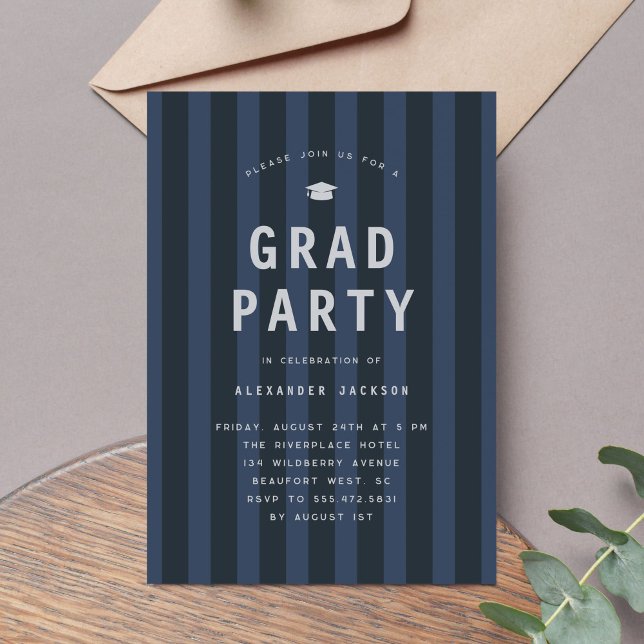 Convite Modern Blue Sporty Stripes Graduation Party (Criador carregado)