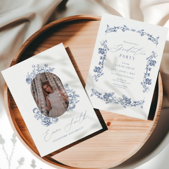 Convite Modern Blue Toile Graduation Photo Announcement (Criador carregado)