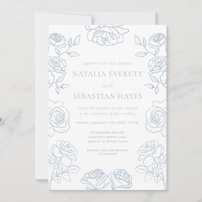 Convite Modern Blue & White French Roses Wedding (Frente)