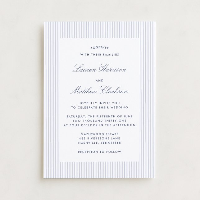 Convite Modern Blue & White Pinstripe Wedding Invitation (Criador carregado)