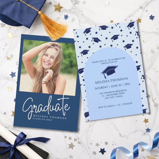 Convite Modern Blue White Script Photo Graduation Party   (Criador carregado)