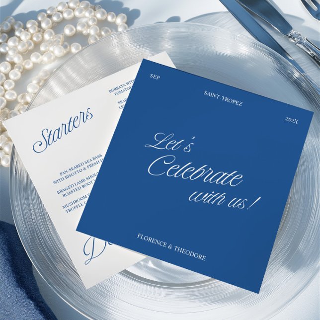 Convite Modern Blue & White Script Wedding Menu Card (Modern Blue & White Script Wedding Menu Card)