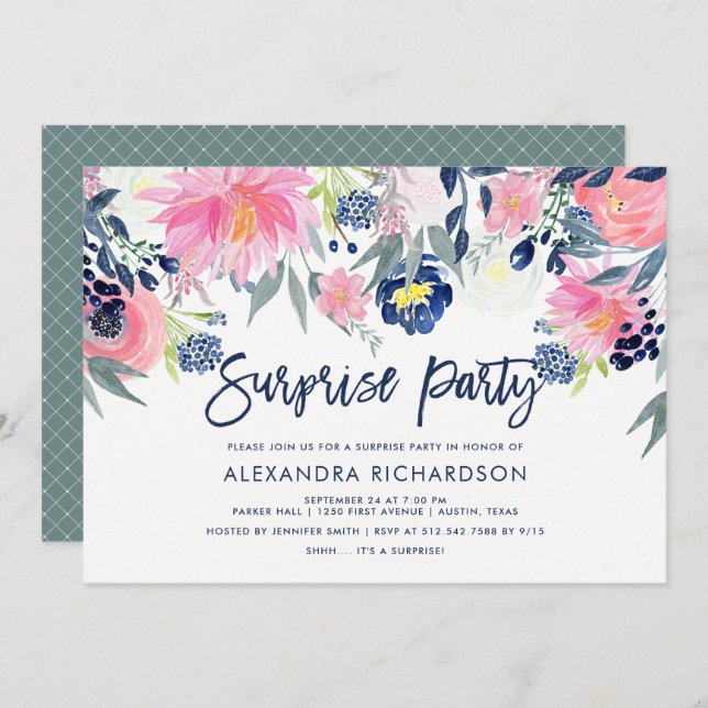 Convite Modern Blush and Marinho Floral Surprise Party (Frente/Verso)